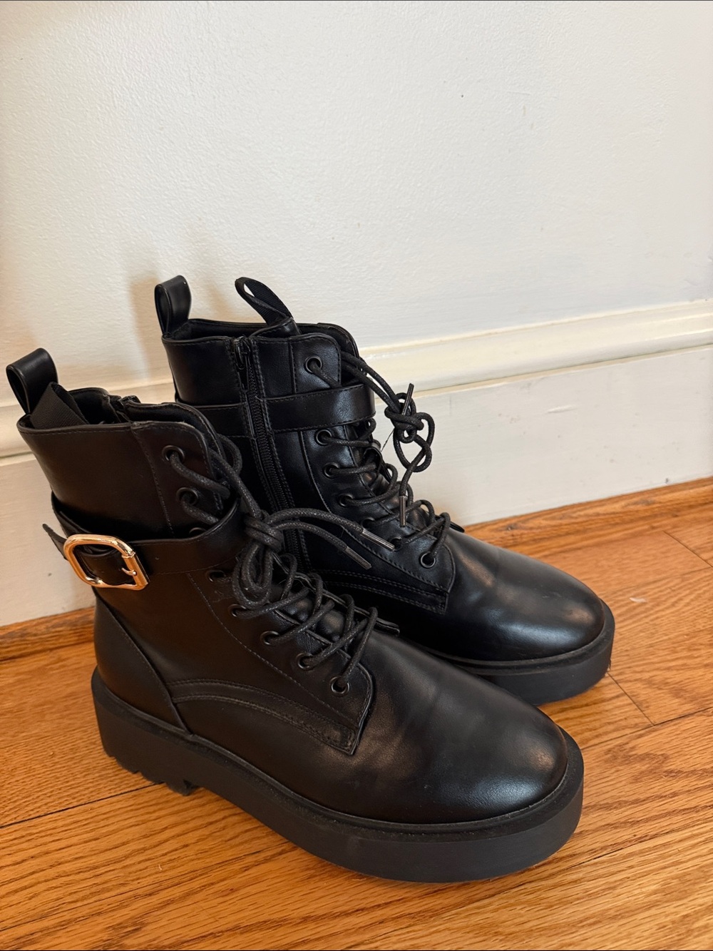 ASOS Black Lace-Up Platform Combat Boots with Buckle Accent
